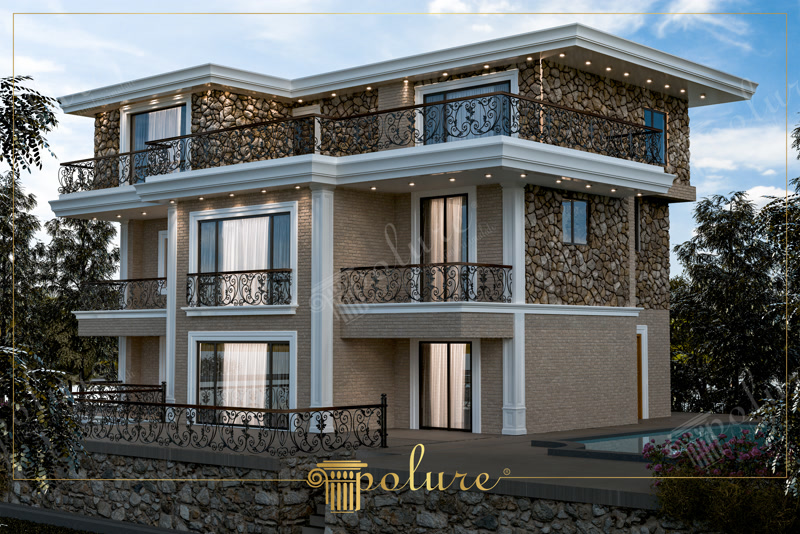 Doğal taş ve tuğla kaplamalı modern üç katlı villanın poliüretan söve, kat silmesi ve beyaz sütun kaplamaları.