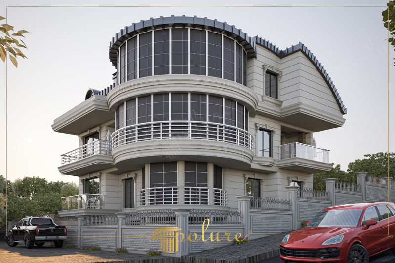 Poliüretan söve ve yatay cephe panelleriyle dekore edilmiş, yuvarlak pencereli modern üç katlı villa dış cephesi.