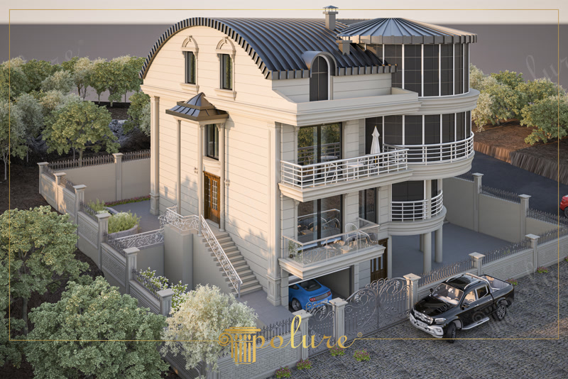 Poliüretan dış cephe kaplama, pencere sövesi ve sütun modelleri ile tasarlanmış modern villa dış cephesi.