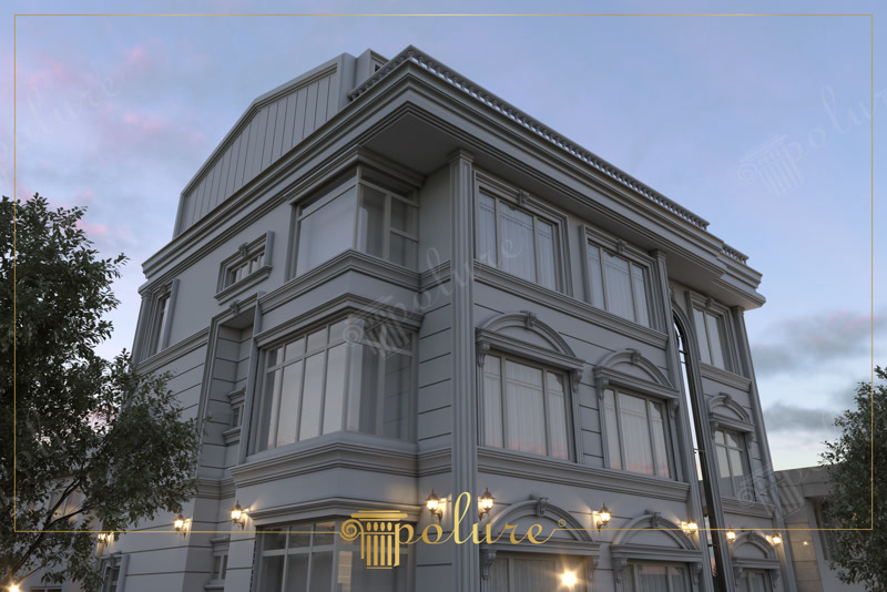 Klasik tarzda poliüretan söve, kemer ve pilaster sütun kaplamalı çok katlı gri bina dış cephe tasarımı.
