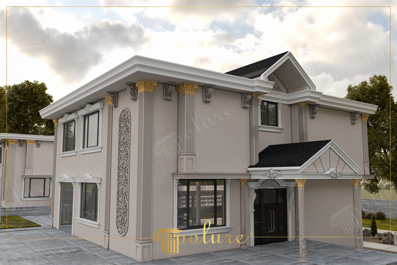 Poliüretan pilaster sütunlar, payandalar ve pencere söveleriyle dekore edilmiş iki katlı klasik villa dış cephesi.