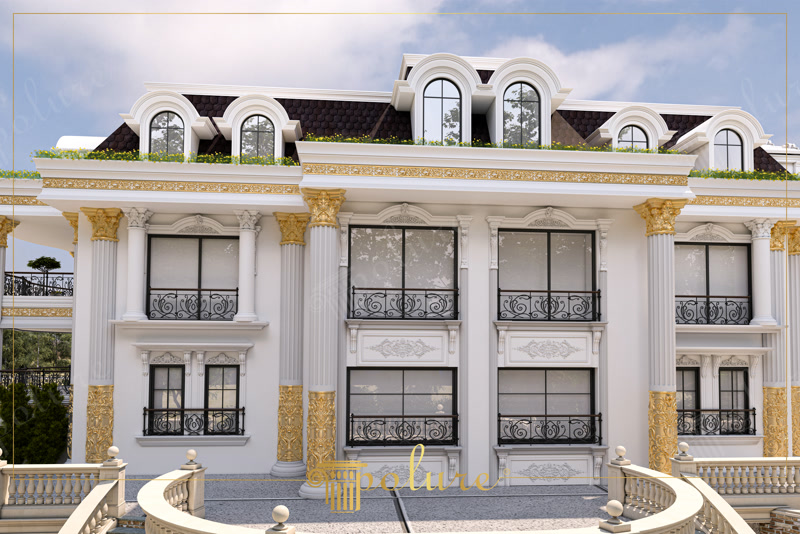 Altın detaylı beyaz poliüretan sütunlar, pencere söveleri ve klasik balkon küpeşteleri ile süslenmiş villa dış cephesi.