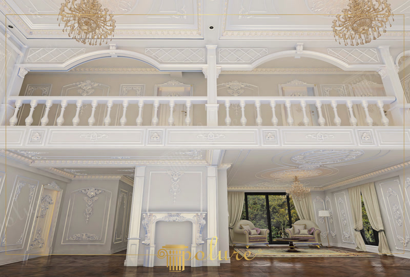 Poliüretan pilaster sütunlar, şömine çevresi süslemeleri ve galeri boşluğu kemer detaylarıyla döşenmiş klasik salon dekoru.