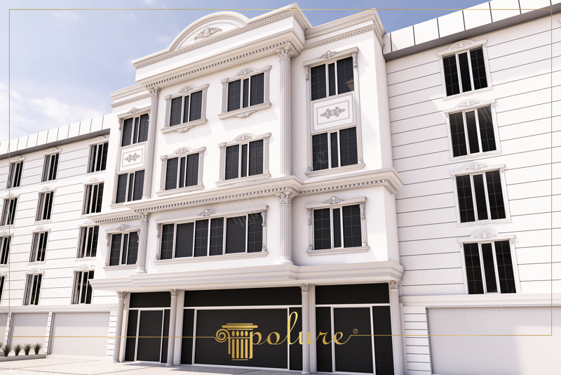 Beyaz poliüretan dış cephe kaplaması, klasik pencere söveleri, taç modelleri ve pilaster sütun süslemeleri.