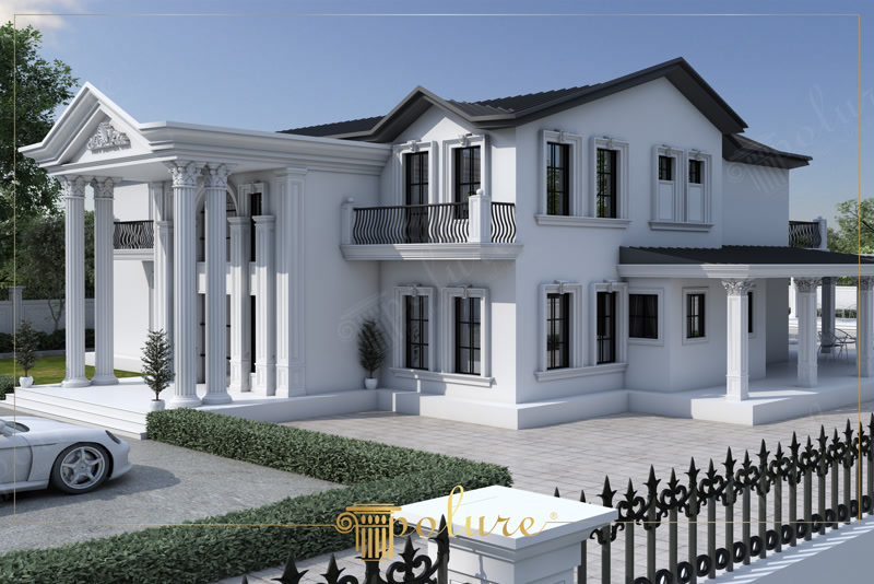 Klasik tarzda beyaz villa dış cephesinde kullanılan poliüretan sütunlar, pencerelerde dekoratif söve ve kat silmesi uygulamaları.