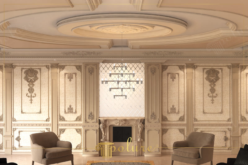 Klasik tarzda dekore edilmiş, poliüretan pilaster sütunlar, duvar çıtaları ve şömineli sıcak bir salon tasarımı.