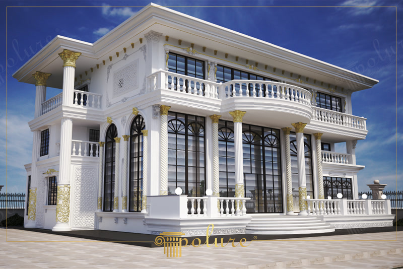 Altın varaklı sütun başlıkları ve beyaz pencereli klasik poliüretan villa dış cephe süsleme uygulaması.