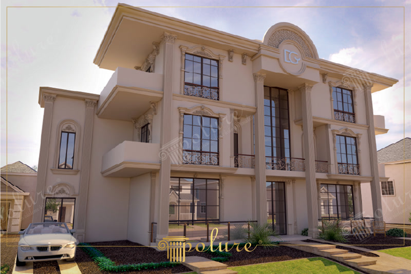 Poliüretan pilaster sütun, pencere sövesi ve kemer modelleri ile süslenmiş klasik villa dış cephe tasarımı.