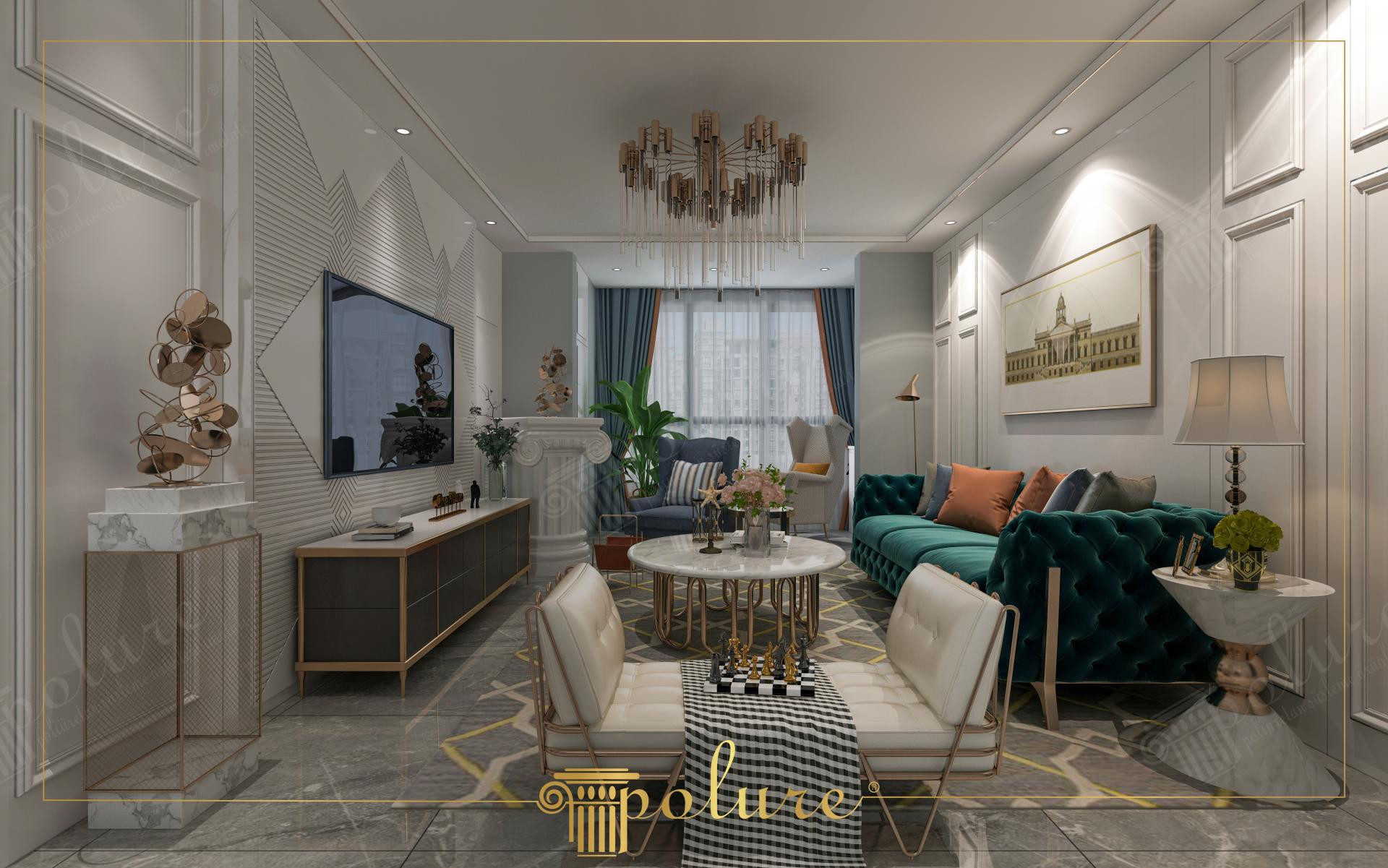 Poliüretan geometrik duvar paneli, yeşil kadife koltuk ve satranç masası ile dekore edilmiş sıcak salon.