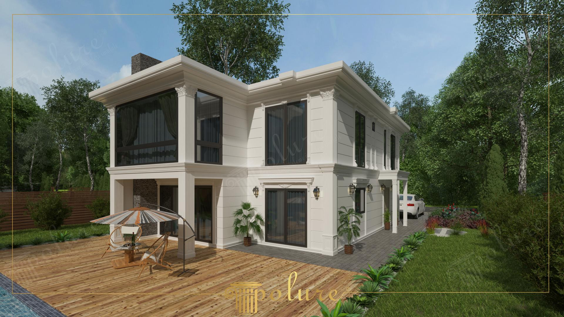Ahşap teraslı modern beyaz villanın poliüretan söve, pilaster sütun ve pencere taçları ile yapılmış dış cephe kaplaması.