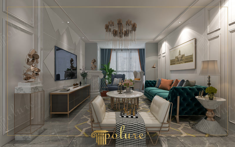 Poliüretan geometrik duvar paneli, yeşil kadife koltuk ve satranç masası ile dekore edilmiş sıcak salon.