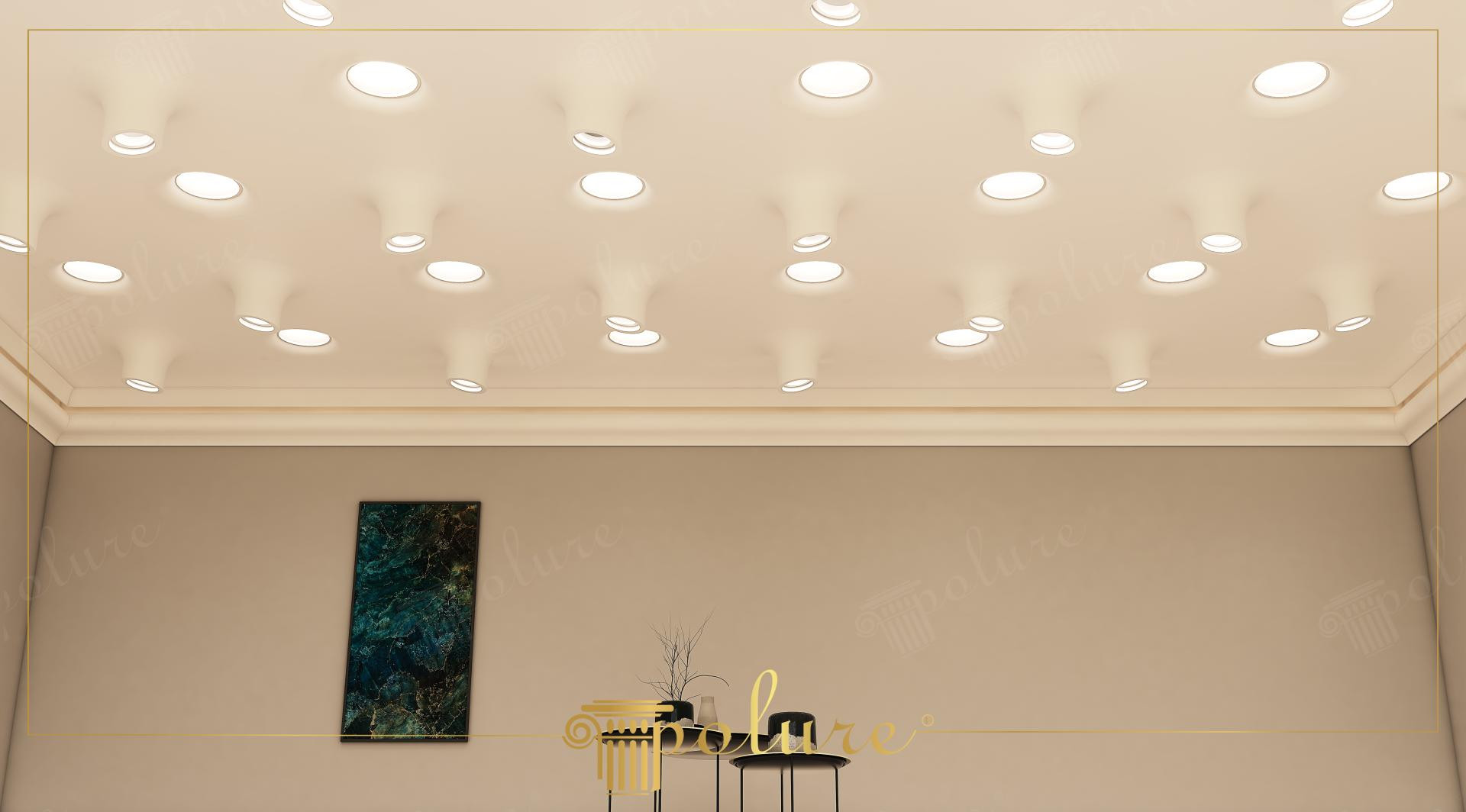 Poliüretan modern tavan armatürleri ve gizli ışık modelleri ile aydınlatılmış salon tavan dekorasyonu.