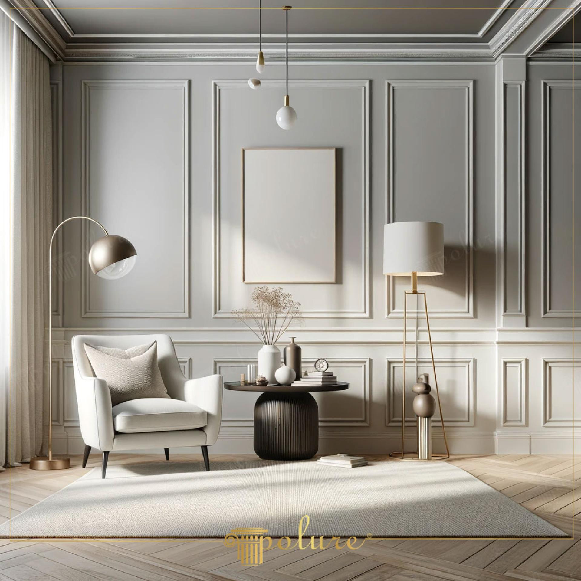 Gri panelli duvarda poliüretan çıta modelleri ile yapılmış modern salon duvar süslemesi ve tekli koltuk