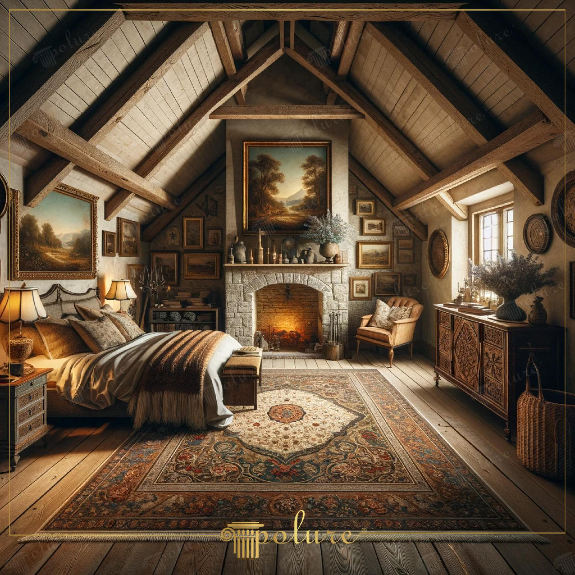 Poliüretan ahşap taklidi tavan kirişleri ve merteklerle dekore edilmiş rustik çatı katı yatak odası tasarımı.