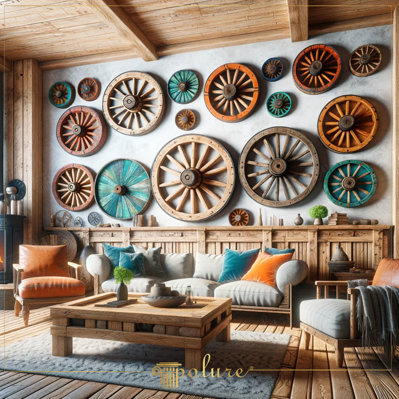 Ahşap görünümlü poliüretan tavan kirişleri ve rustik tekerlek dekorlu oturma odası tasarımı.