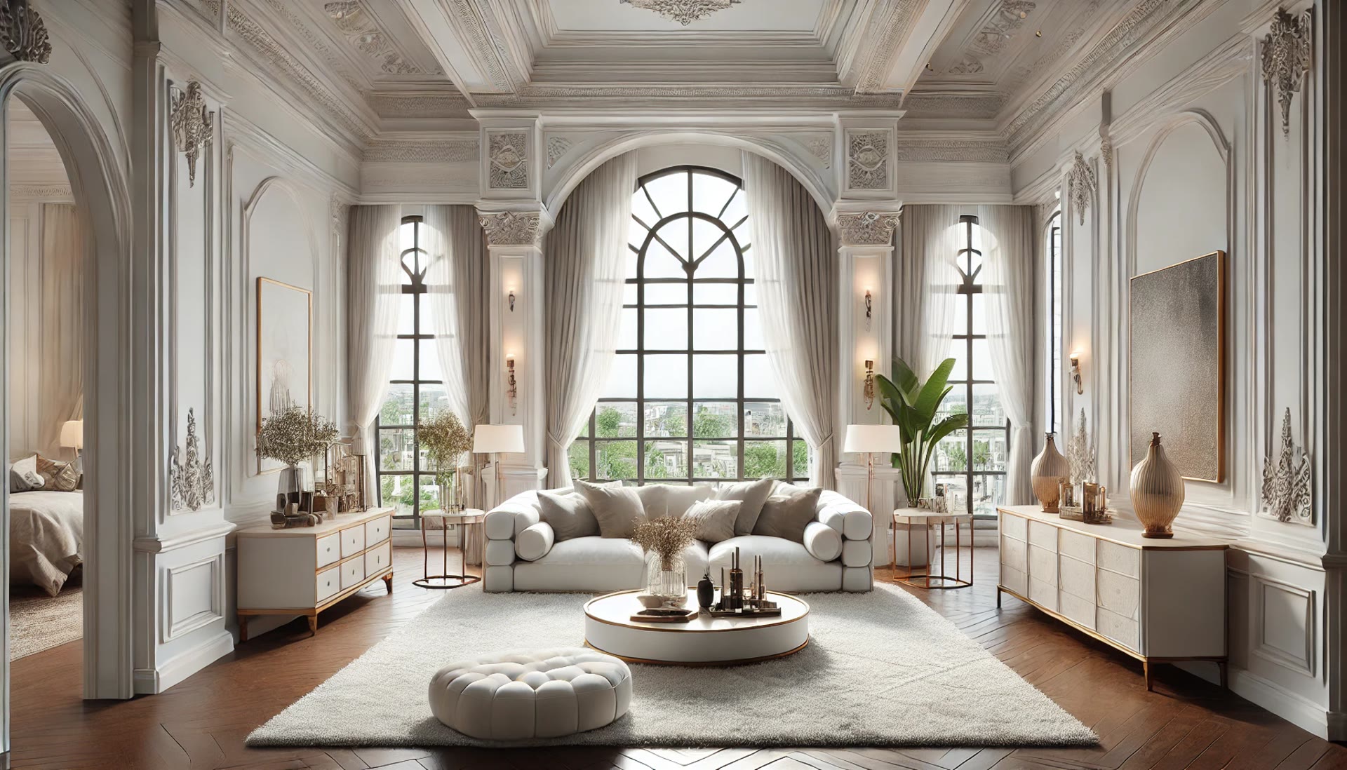 Poliüretan pilaster sütunlar ve kemerli pencerelerle dekore edilmiş geniş, beyaz renkli klasik salon tasarımı.