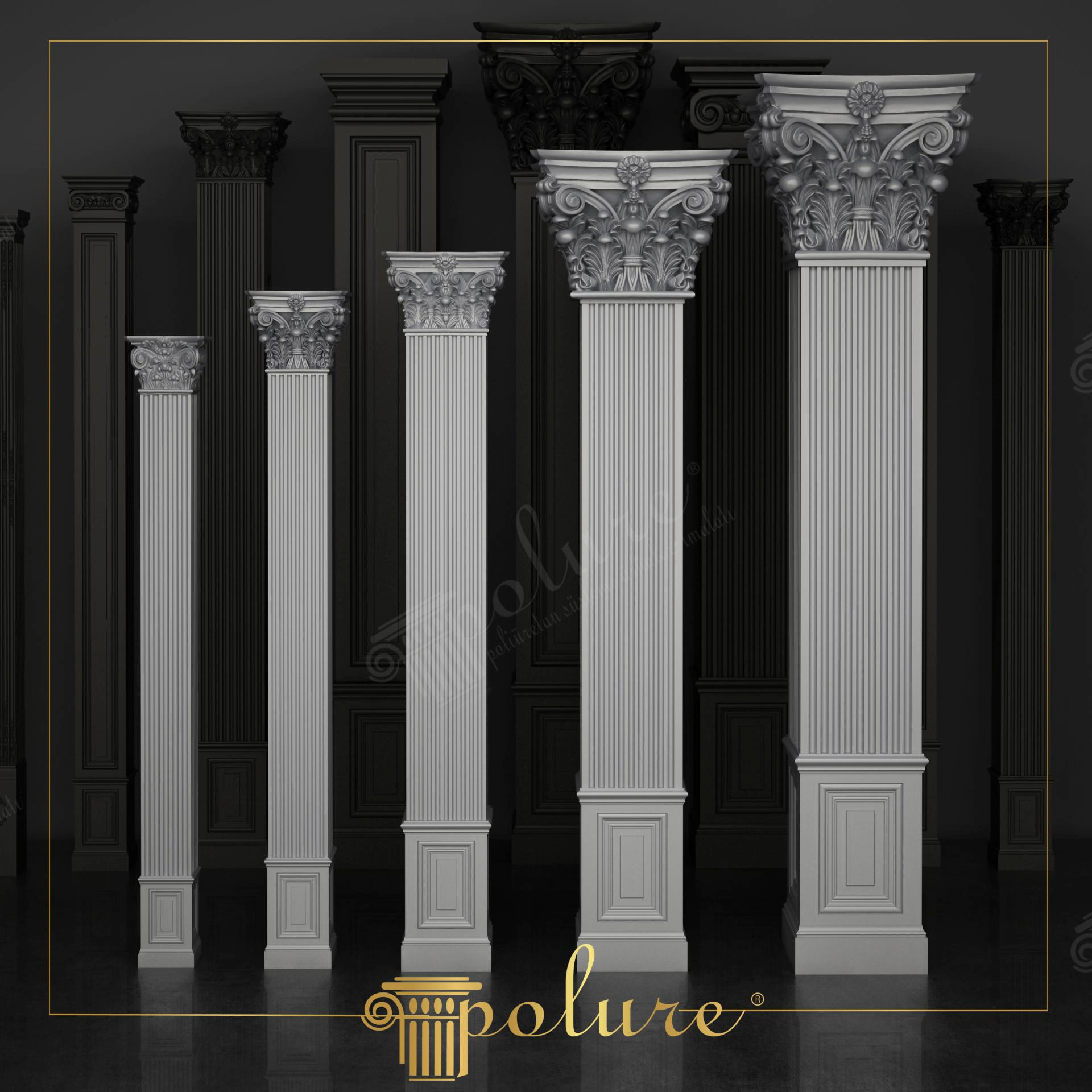 Klasik ve neoklasik tarzda, farklı genişliklerde beş adet yivli poliüretan pilaster sütun ve kaide modeli.