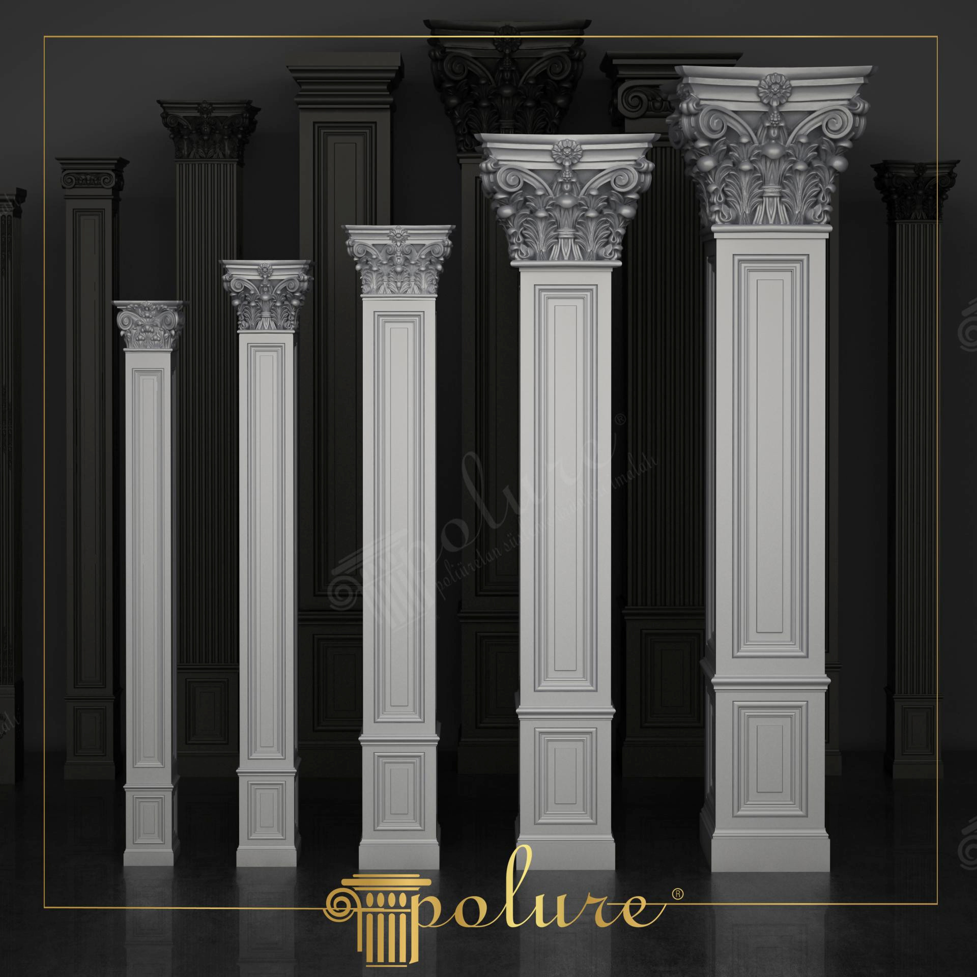 Farklı boyutlarda beyaz renkli klasik poliüretan pilaster sütun modelleri ve Korint sütun başlıkları.