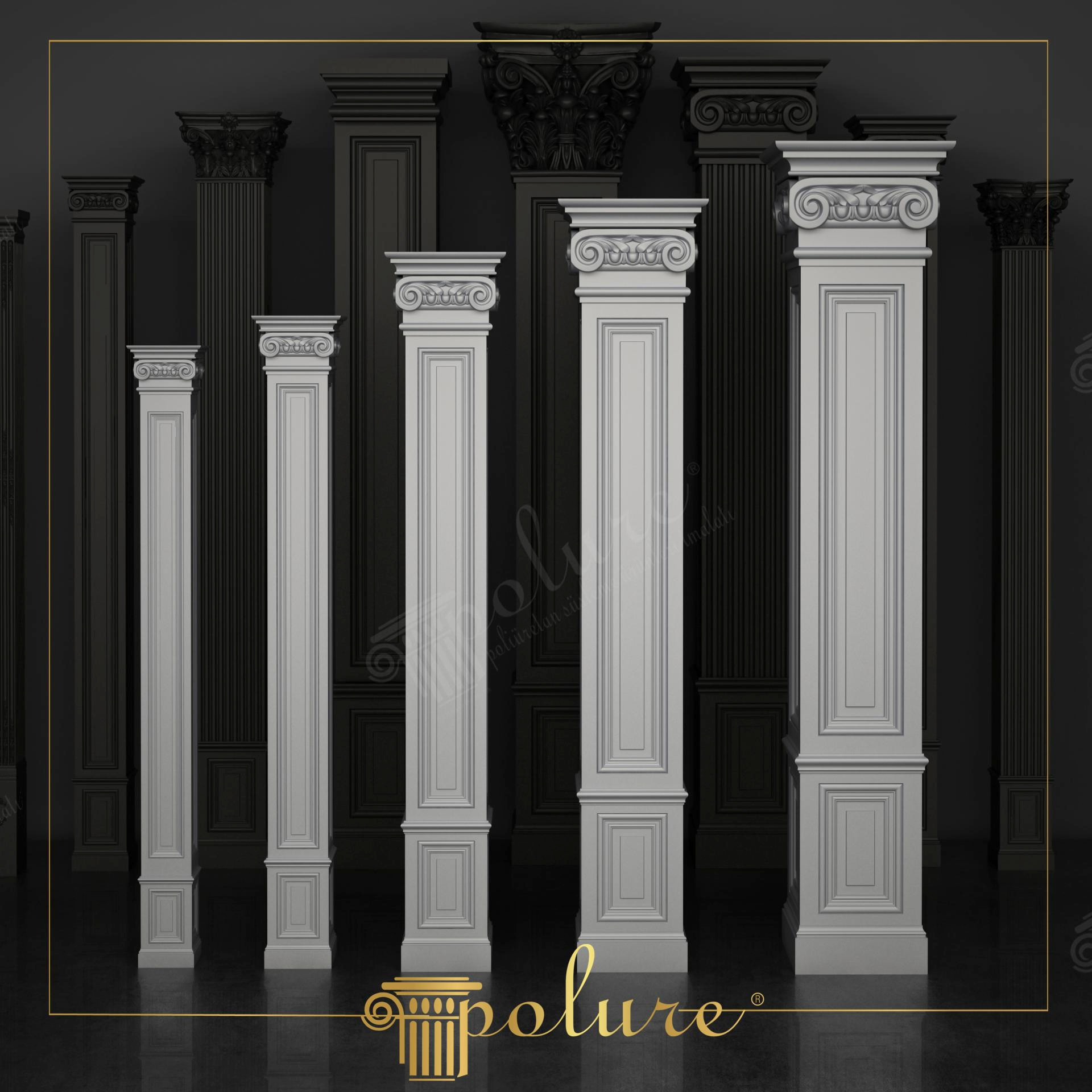 Farklı boyutlarda iyonik başlıklı poliüretan pilaster sütun modellerinin koyu gri arka plandaki sıralı görünümü.