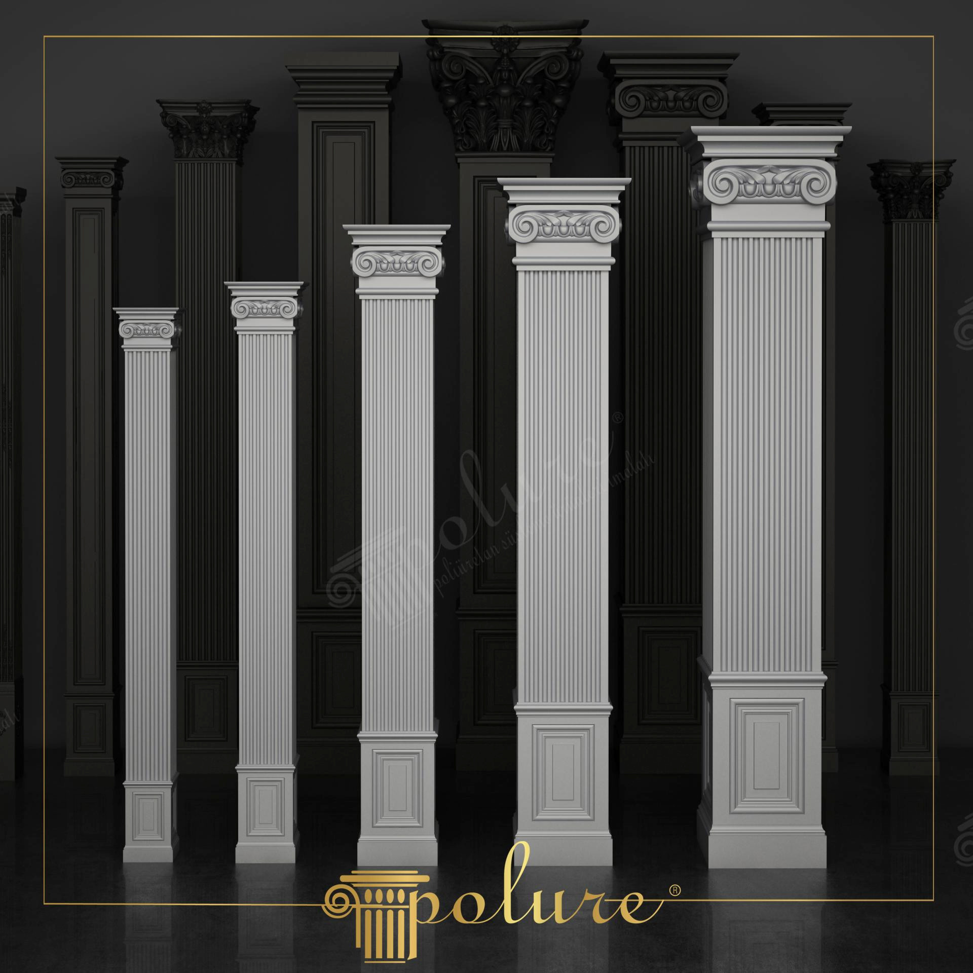 Farklı boyutlarda yivli gövdeli ve İon başlıklı beş adet beyaz poliüretan pilaster sütun modeli yan yana duruyor.