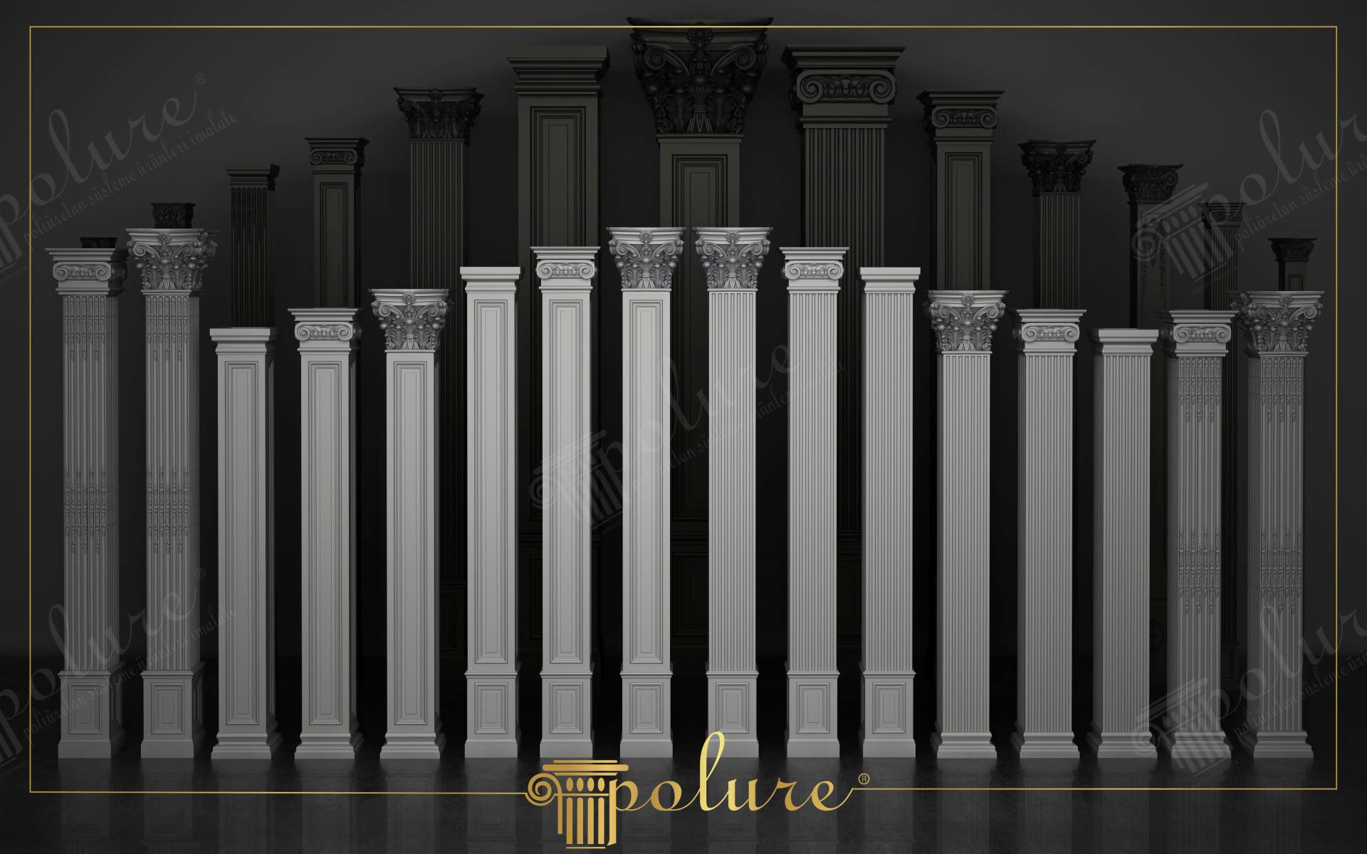 Farklı başlık ve yiv tasarımlarına sahip beyaz poliüretan pilaster duvar sütunları sergisi.