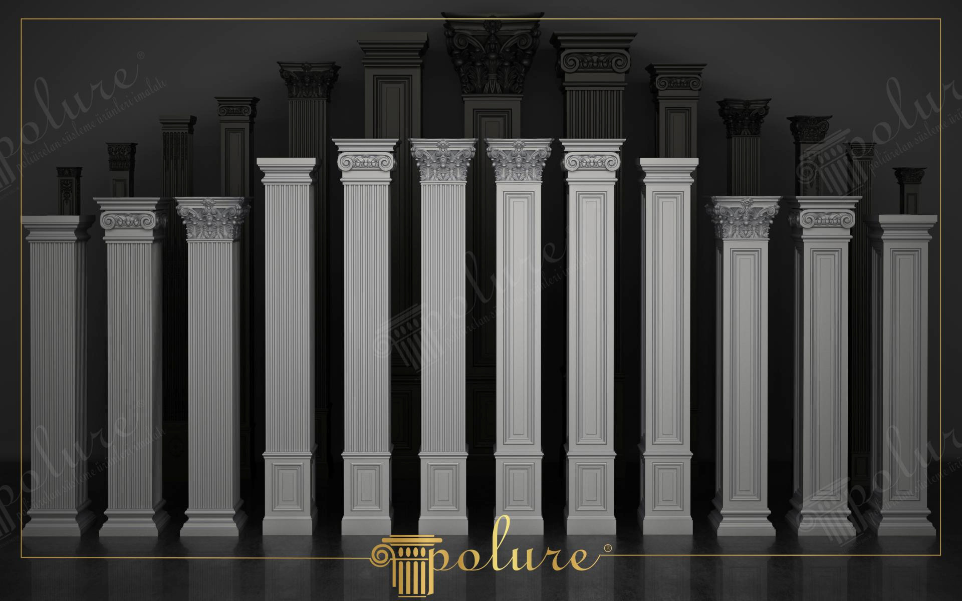 Farklı başlık ve gövde yapılarına sahip beyaz poliüretan pilaster duvar sütunları serisi