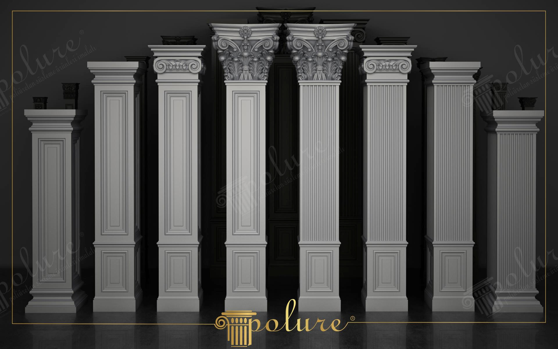 Klasik tarzda tasarlanmış, farklı başlık ve gövde yapılarına sahip gri poliüretan pilaster sütun modelleri.