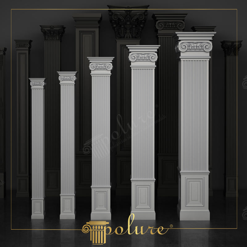 Farklı boyutlarda yivli gövdeli ve İon başlıklı beş adet beyaz poliüretan pilaster sütun modeli yan yana duruyor.
