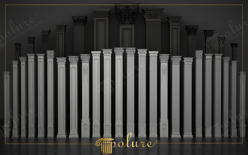 Farklı başlık ve gövde tasarımlarına sahip poliüretan pilaster duvar sütunu modellerinin yan yana dizilimi.