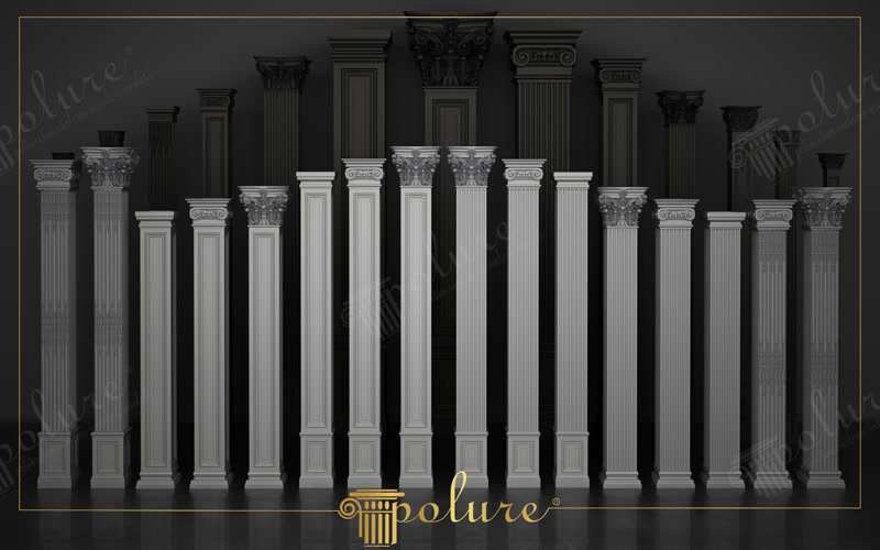 Farklı başlık ve yiv tasarımlarına sahip beyaz poliüretan pilaster duvar sütunları sergisi.