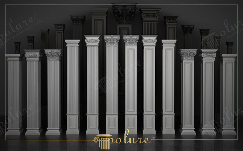 Farklı başlık ve gövde yapılarına sahip beyaz poliüretan pilaster duvar sütunları serisi