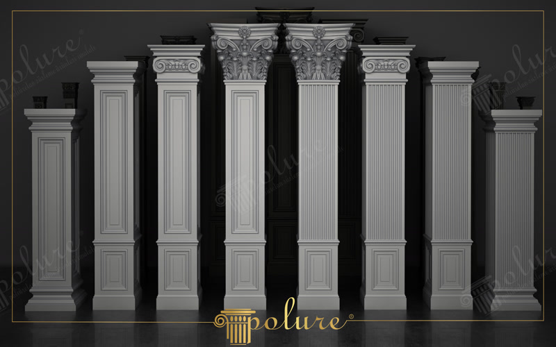 Klasik tarzda tasarlanmış, farklı başlık ve gövde yapılarına sahip gri poliüretan pilaster sütun modelleri.