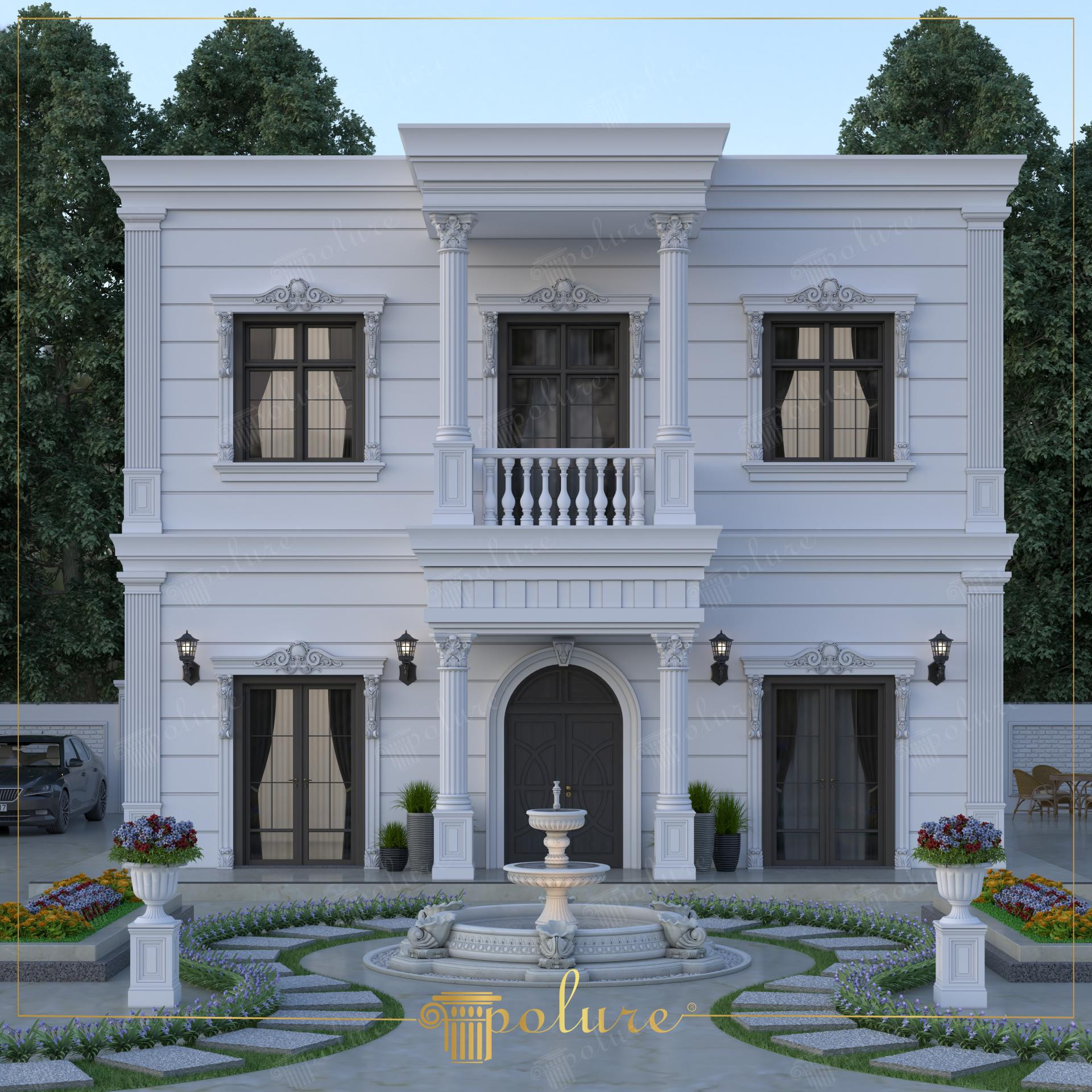 Poliüretan söve, pilaster sütun ve taç modelleriyle dekore edilmiş neoklasik iki katlı beyaz villa dış cephesi.