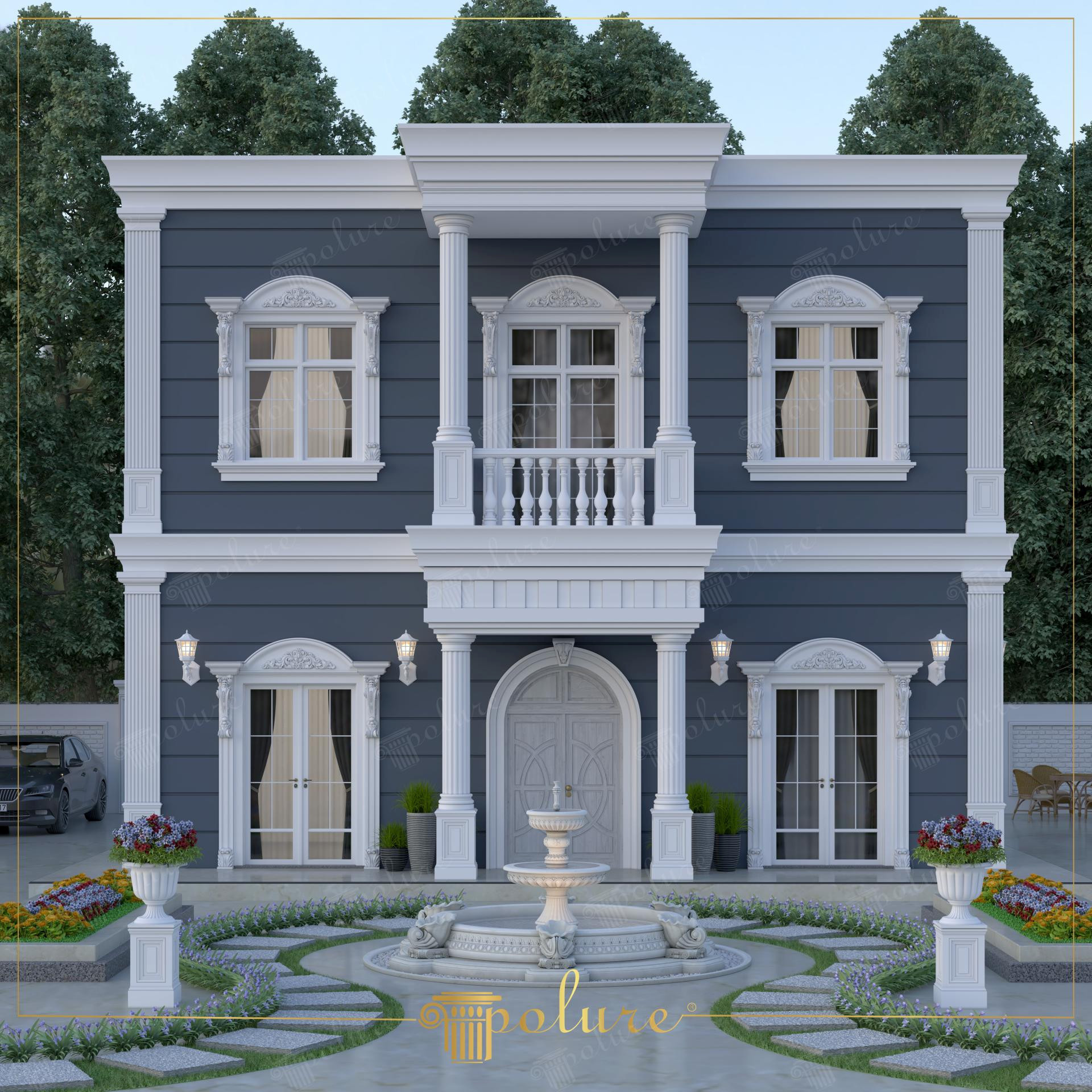 Poliüretan söve, pilaster sütun ve pencerelerinde dekoratif taçlar bulunan iki katlı koyu gri villa dış cephesi.