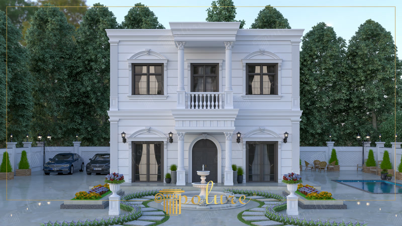 Poliüretan söve, pilaster sütun ve kemer modelleri ile süslenmiş beyaz renkli iki katlı neoklasik villa dış cephesi.