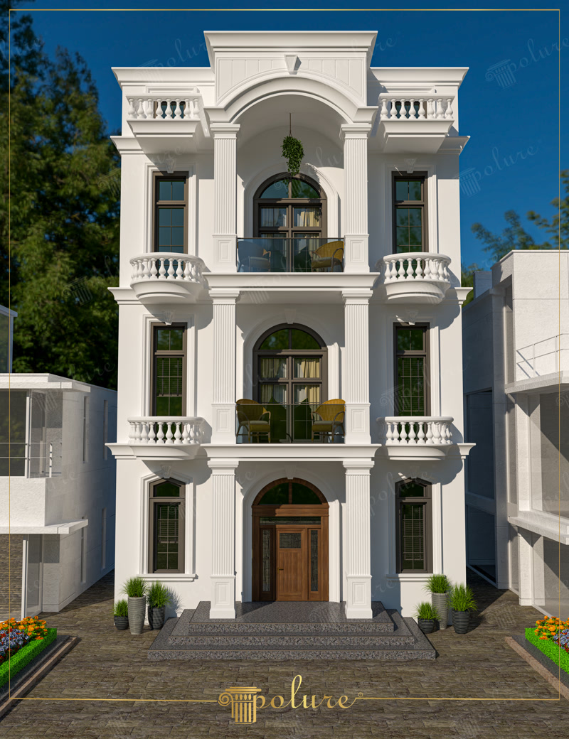 Üç katlı beyaz neo-klasik villanın poliüretan pilaster sütunlar, kemerli pencereler ve balkon balustradları ile kaplanmış dış cephesi.