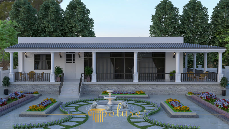 Poliüretan sütunlar ve sövelerle dekore edilmiş, havuzlu ve bahçeli modern villa dış cephe tasarımı.