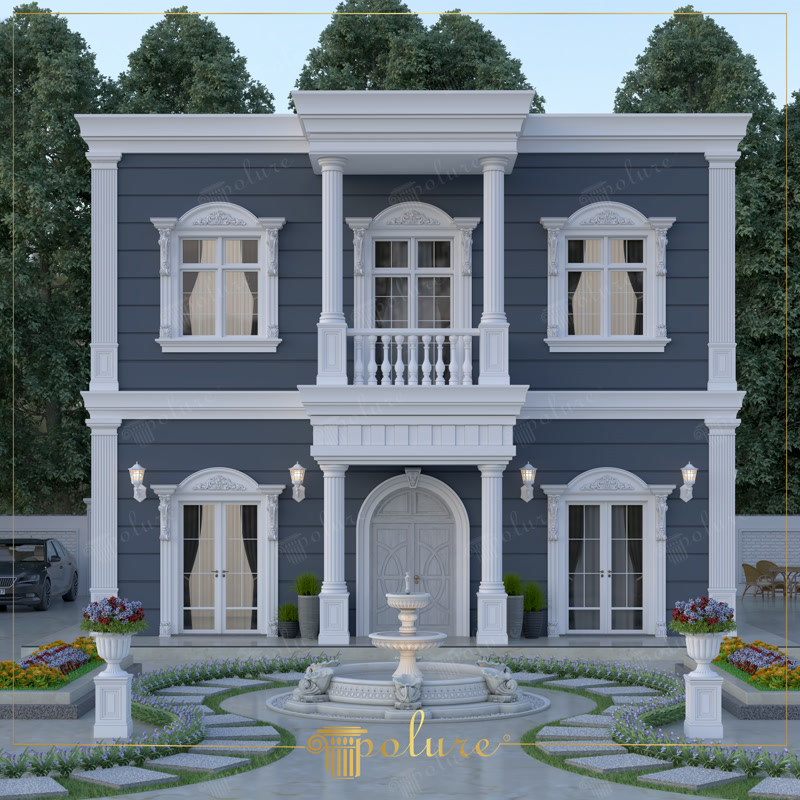 Poliüretan söve, pilaster sütun ve pencerelerinde dekoratif taçlar bulunan iki katlı koyu gri villa dış cephesi.