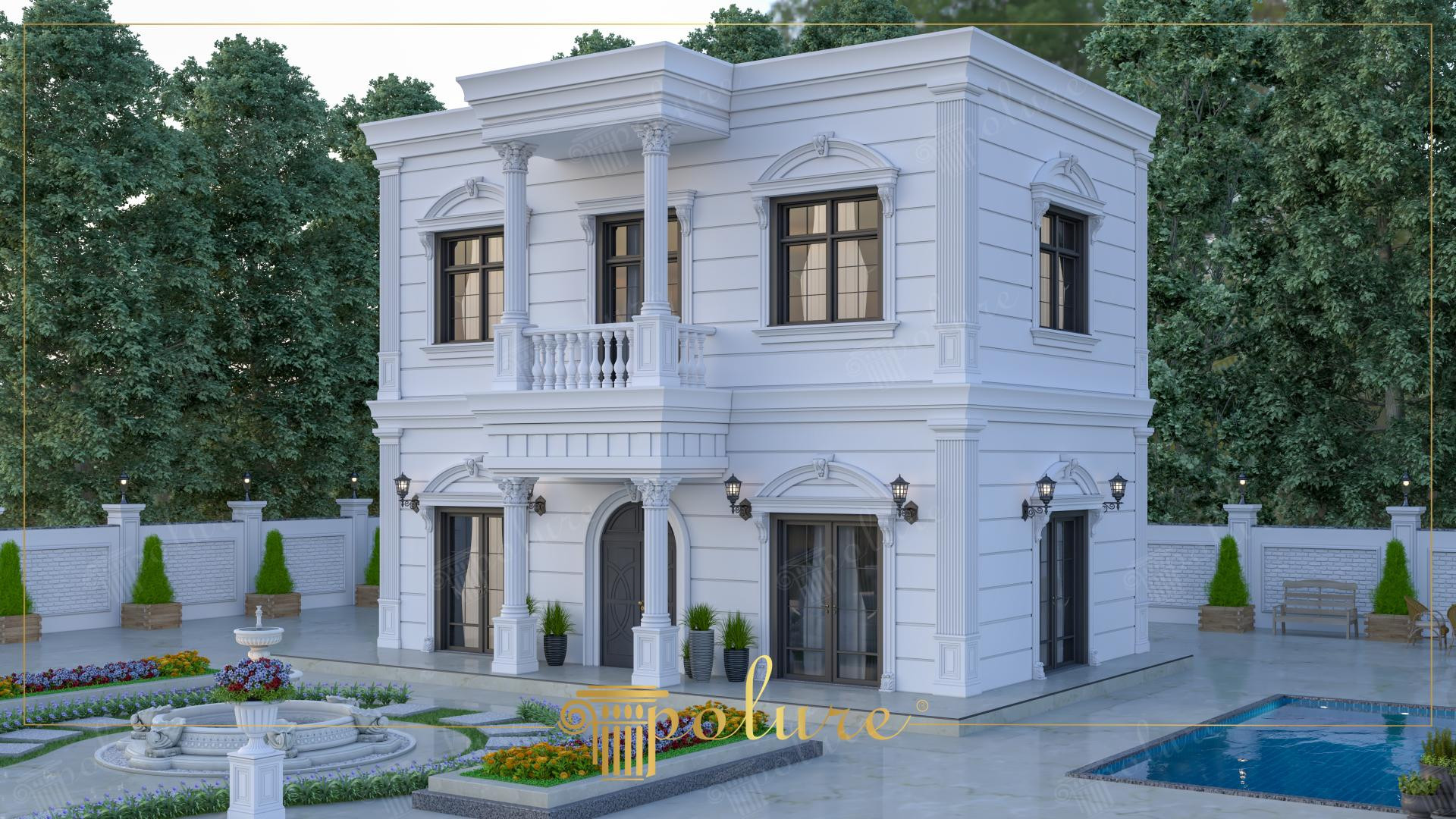 Poliüretan sütun, kavisli pencere sövesi ve çizgisel duvar panelleriyle kaplanmış iki katlı beyaz villa dış cephesi.
