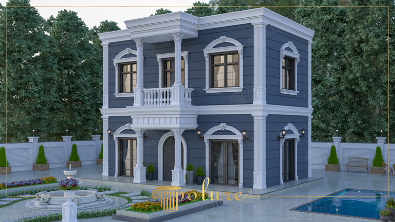 Mavi boyalı ve beyaz poliüretan söve, pilaster sütun ve kavisli kemer süslemeli iki katlı neoklasik villa cephesi.