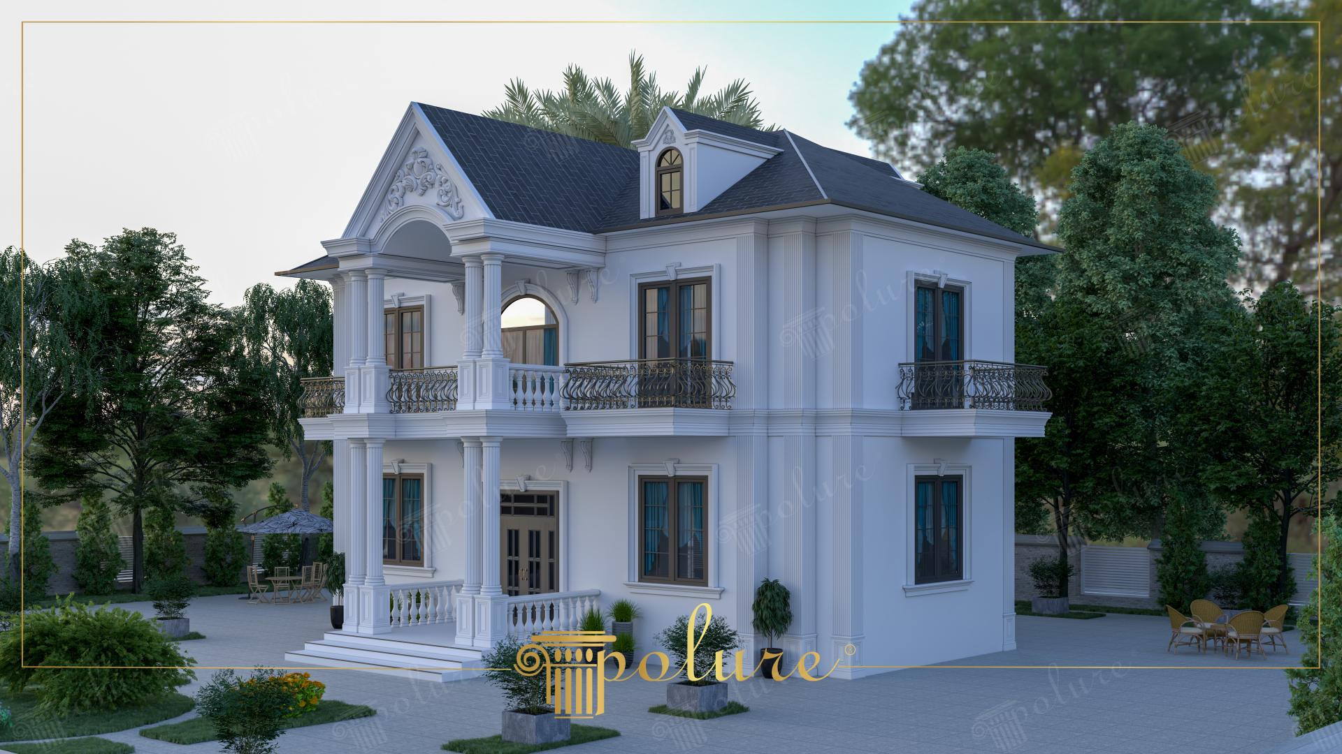 Poliüretan sütunlar ve pencere taçları ile dekore edilmiş beyaz iki katlı neoklasik villa dış cephesi.