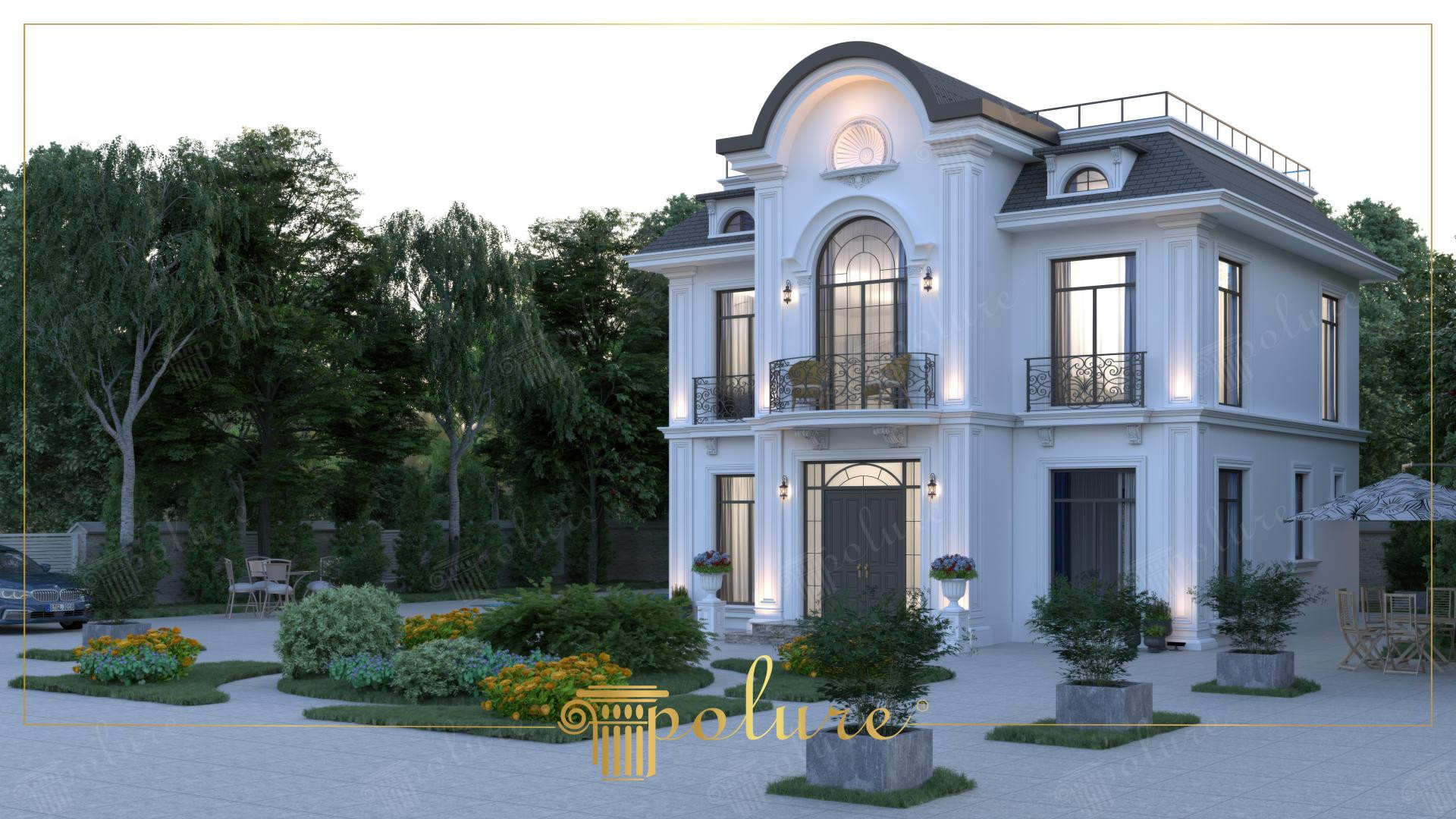 Beyaz poliüretan söve, pilaster sütunlar ve taç modelleri ile süslenmiş neoklasik tarzda iki katlı villa dış cephesi.