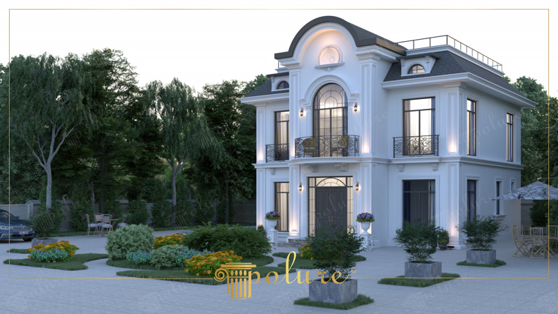 Beyaz poliüretan söve, pilaster sütunlar ve taç modelleri ile süslenmiş neoklasik tarzda iki katlı villa dış cephesi.