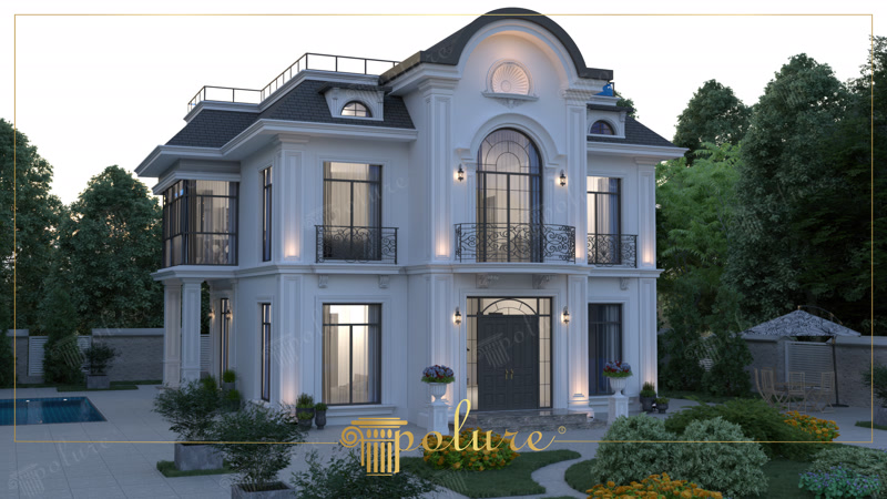Poliüretan söve ve pilaster sütun kaplamalı neoklasik tarzda iki katlı lüks villa dış cephe tasarımı.