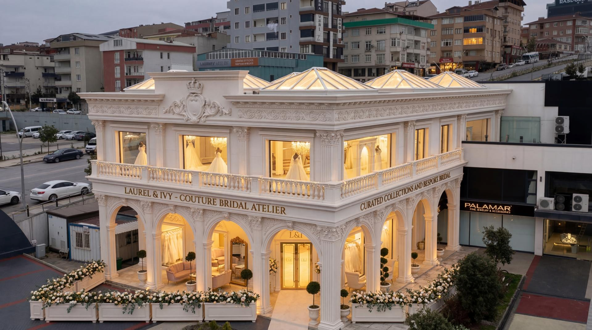 Poliüretan söve ve pilaster sütunlar ile dekore edilmiş iki katlı, aydınlık ve şık bir butik mağaza dış cephesi.