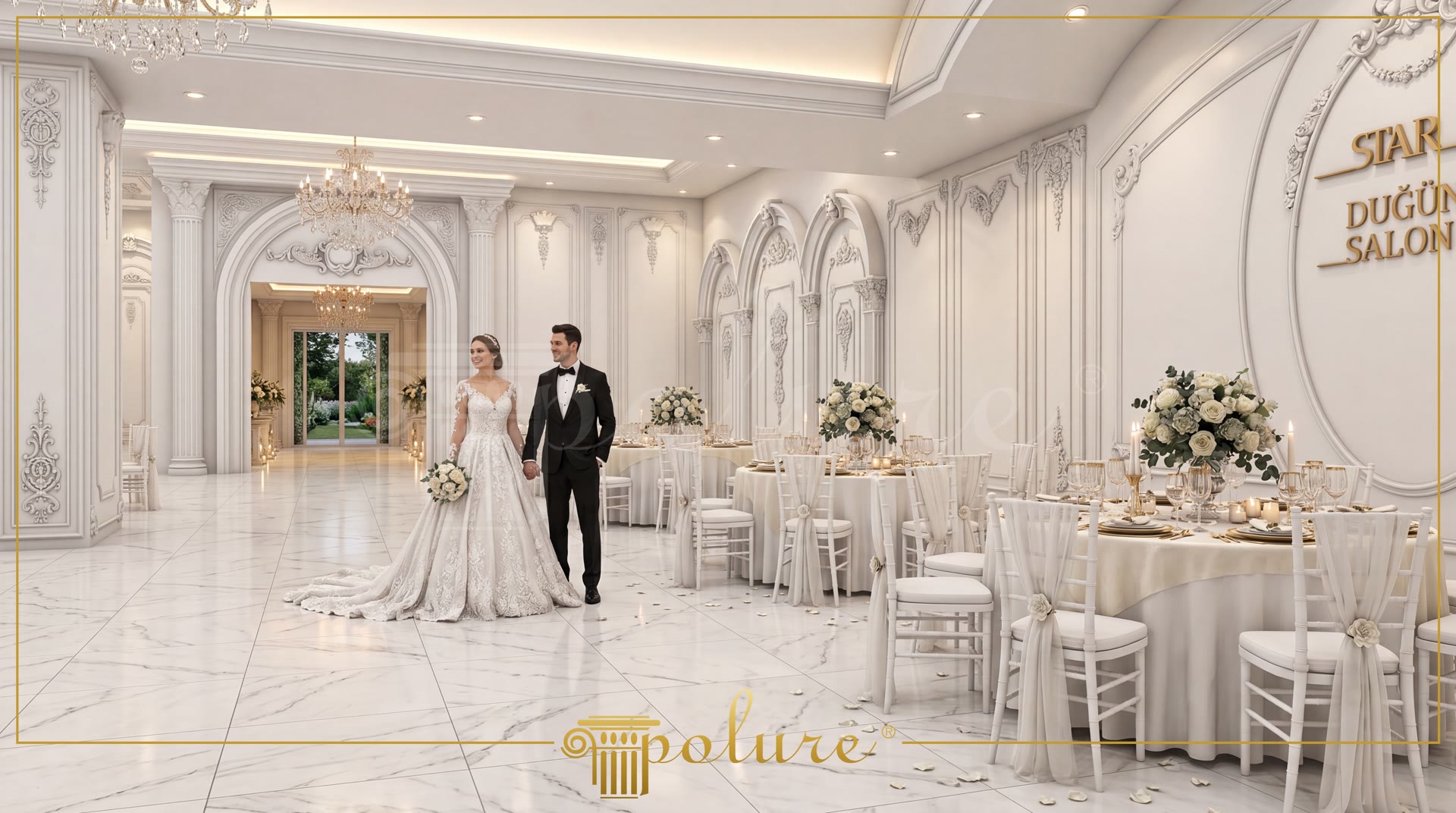 Beyaz poliüretan pilaster sütunlar, kemerler ve duvar süslemeleri ile dekore edilmiş lüks düğün salonu.
