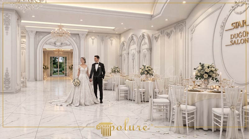 Beyaz poliüretan pilaster sütunlar, kemerler ve duvar süslemeleri ile dekore edilmiş lüks düğün salonu.