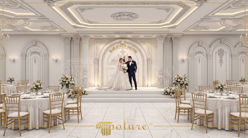 Gelin ve damadın dans ettiği beyaz klasik düğün salonunda poliüretan pilaster sütunlar ve dekoratif kemer uygulaması.