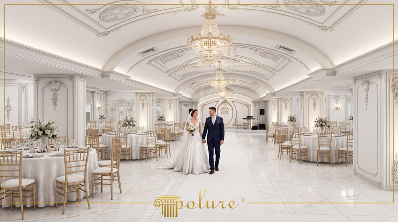 Poliüretan pilaster sütun ve kavisli kemer modelleri ile dekore edilmiş klasik tarzda lüks beyaz düğün salonu.