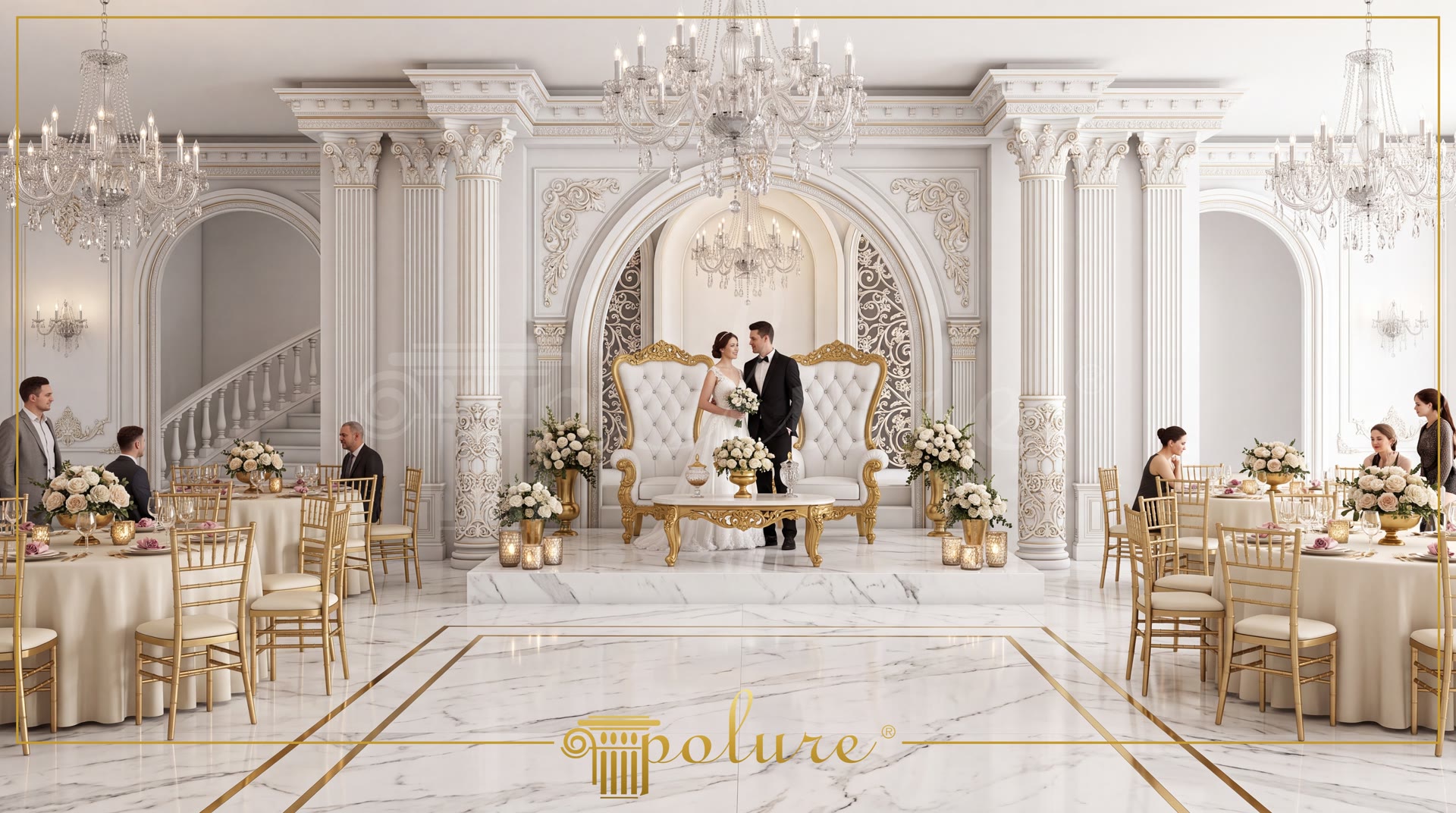 Klasik salon dekorasyonunda kullanılan poliüretan pilaster sütunlar, yuvarlak kavisli kemer ve altın varak süslemeler.
